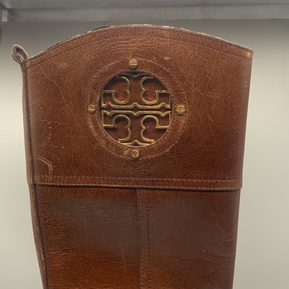 Tory Burch Kiernan Brown Leather Gold Hardware Logo Riding Boots Size 5M - Picture 7 of 8